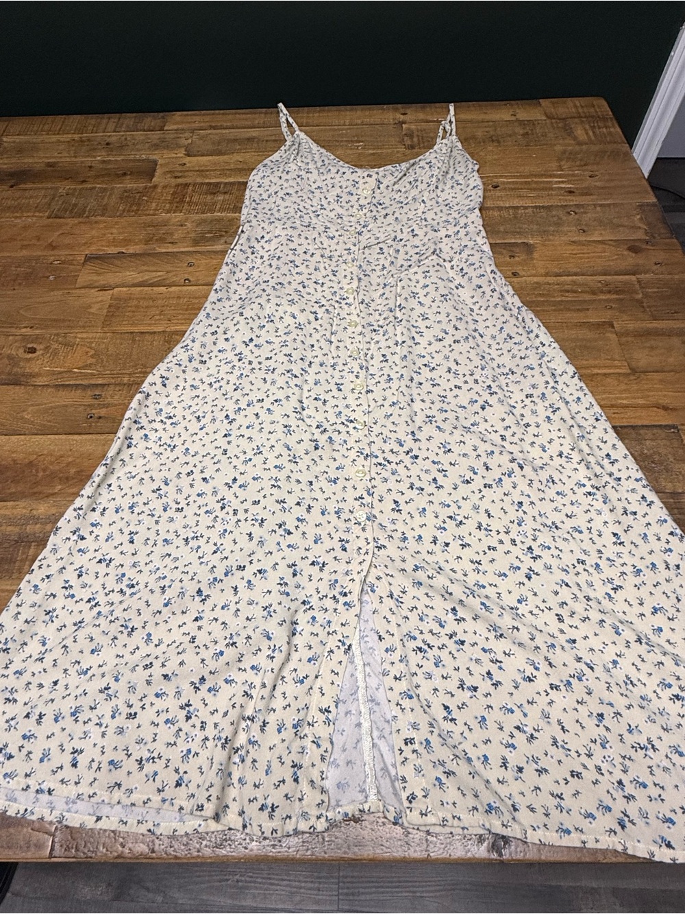 Cream Floral Button-Front Slip Dress with Blue Print